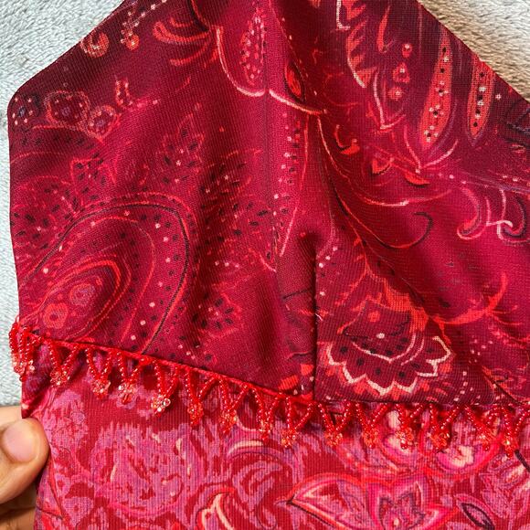 Y2K Vintage Red Bandana Print Mesh Slip Dress Boho Floral Festival Beaded Small - Picture 3 of 7